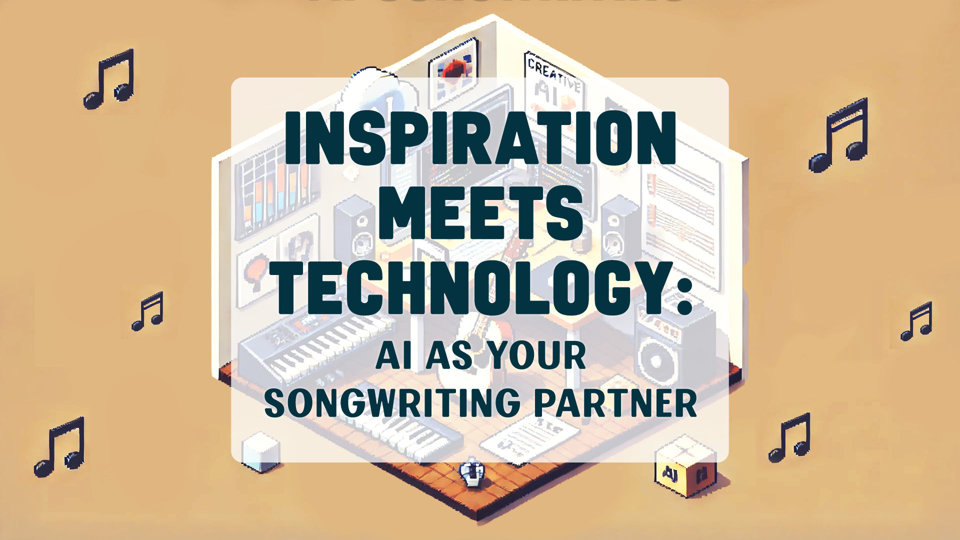 Isometric pixel art illustration of a creative workspace for AI-assisted songwriting, featuring a computer with code, guitar, musical notes, and tech icons, symbolizing an AI-powered tool as a partner for songwriters.