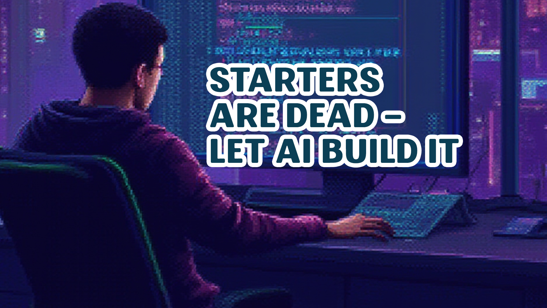 Pixel art-style illustration of a developer sitting at a neon-lit desk, working on a futuristic AI-powered coding assistant. The large screen in front displays AI-generated code with a cyberpunk cityscape in the background. Overlay text reads: ‘Skip the Boilerplate—Let AI Build It.’