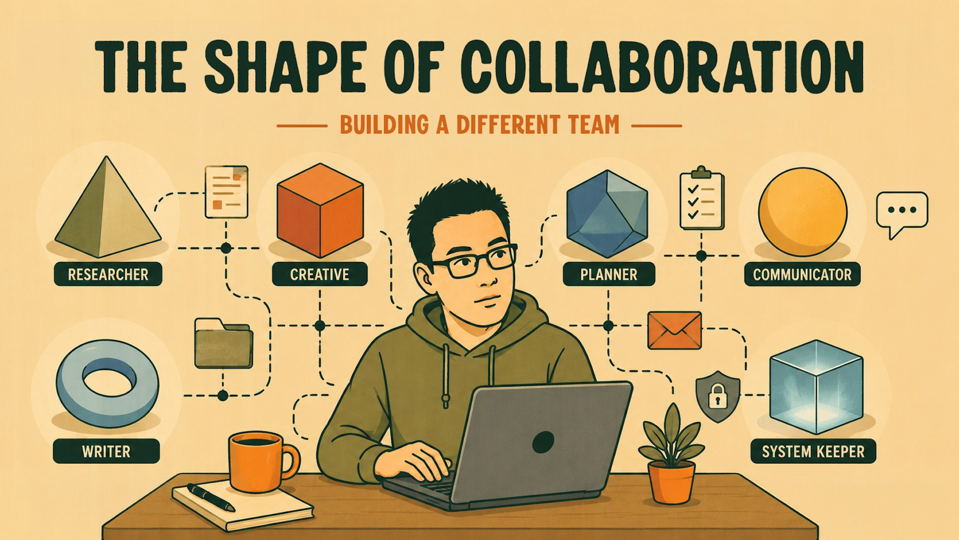 Retro-style illustrated banner showing a man with dark hair and glasses working at a laptop, surrounded by labeled geometric shapes representing different AI collaborators, including a pyramid, cube, polyhedron, sphere, ring, and glowing cube, all connected by dotted lines and workflow icons beneath the heading “The Shape of Collaboration” and subheading “Building a Different Team.”