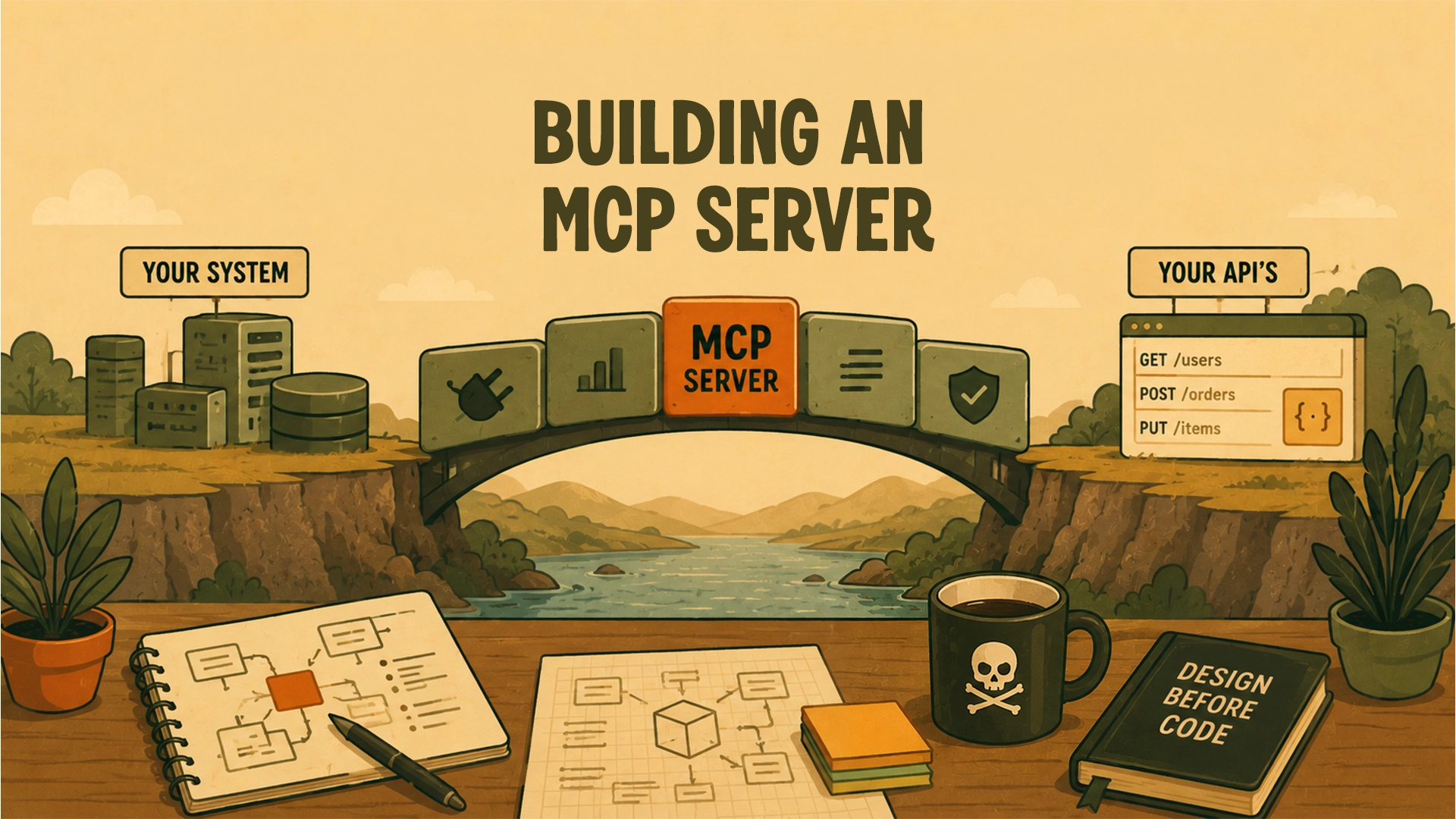 Retro-style illustration showing a thoughtfully designed MCP server as a bridge between an existing software system and its APIs. A desk in the foreground holds architecture sketches, notes, and a coffee mug, while the MCP server sits at the center of a bridge connecting both sides, emphasizing planning, boundaries, and system design before implementation.